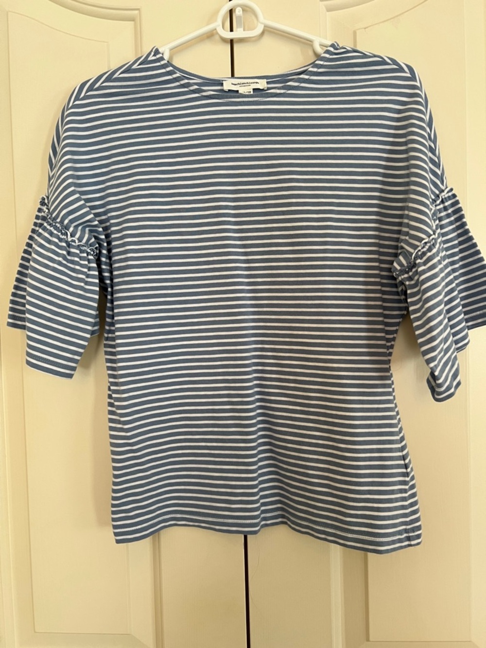 Blue and White Striped Ruffle Sleeve Top
Size XS